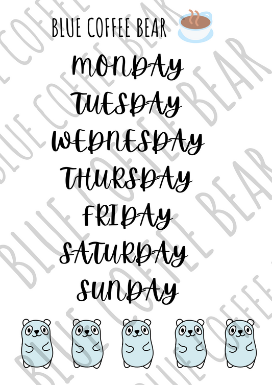 BlueCoffeeBear Days of the Week Script Stickers